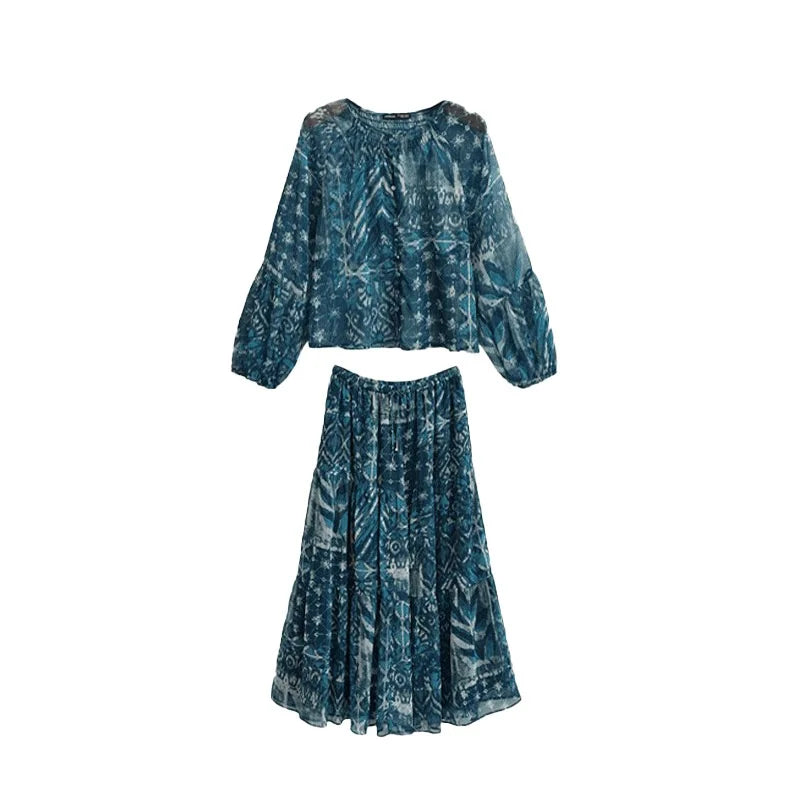Women’s Spring Long Sleeve Daily Casual Blue Floral Set Single Button Puff Sleeve Top Matching Skirt