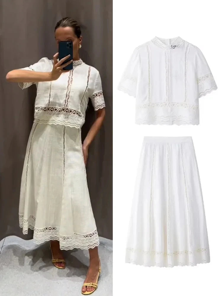 HH Women New Fashion White Skirt Suit O-Neck Crocheting Details Short-Sleeve Blouse With Side Zipper Pleated Midi Long Skirt