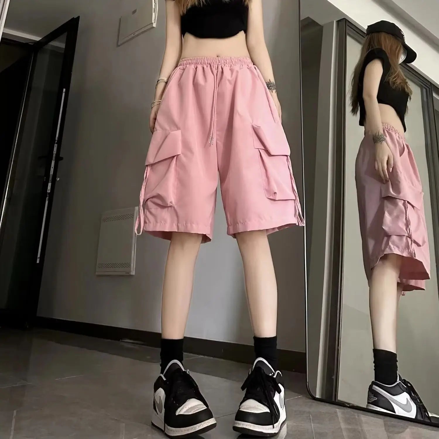 Y2K Cargo Shorts Women Harajuku Black Oversized Wide Leg Shorts Summer Streetwear Fashion High Waist Baggy Short Pants 2025 New