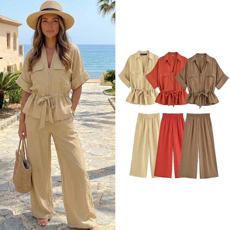 Willshela Women Fashion 2 Piece Set Solid Front Zipper Shirts & Vintage High Elastic Waist Trousers Feamle Chic Lady Pants Sets