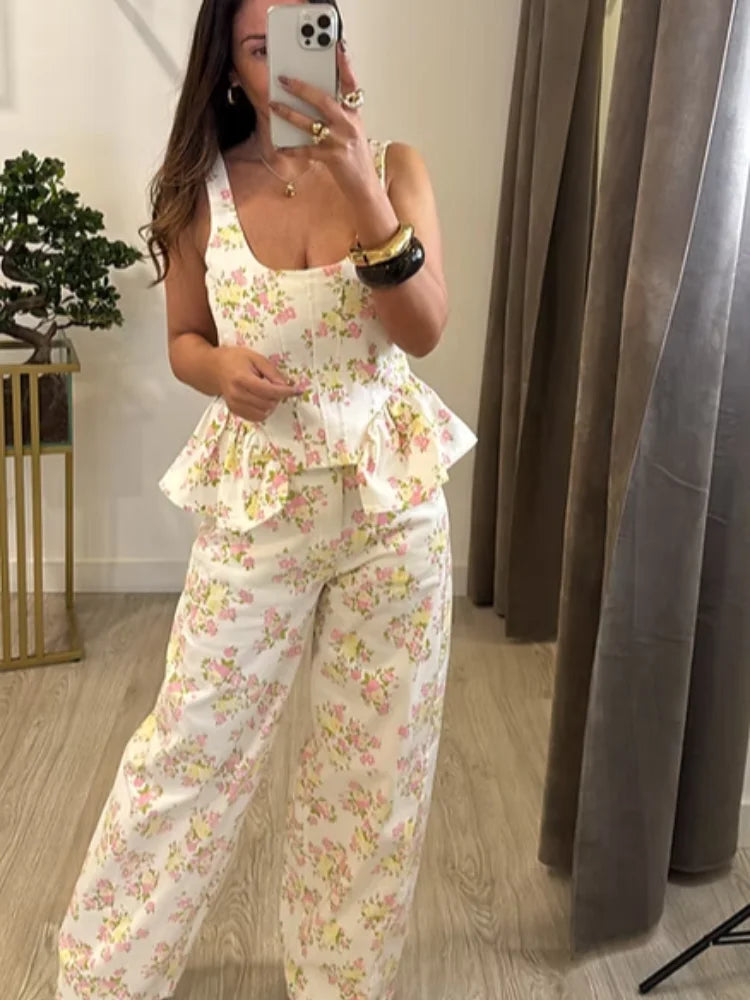 Floral Printed Women Long Pants Set Elegant Sleeveless Backless Vest Wide Leg Trousers Chic Holiday Vacation Lady Summer Outfits