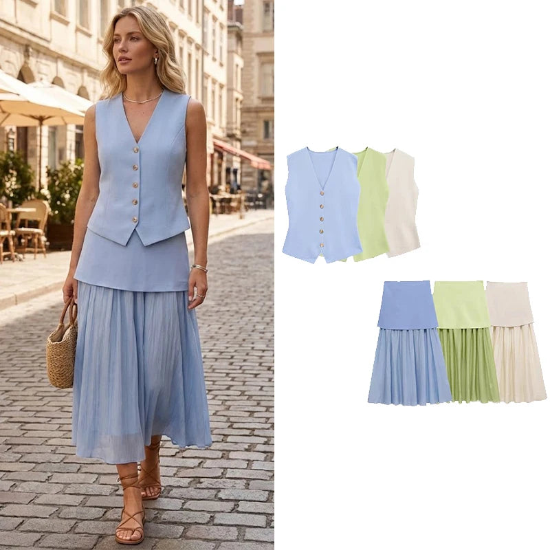 Willshela Women Fashion 2 Piece Set Solid Knitted Single Breasted Tank & Vintage Side Zipper Midi Skirt Female Chic Skirts Set